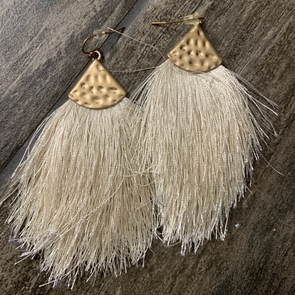 cream fringe gold earrings